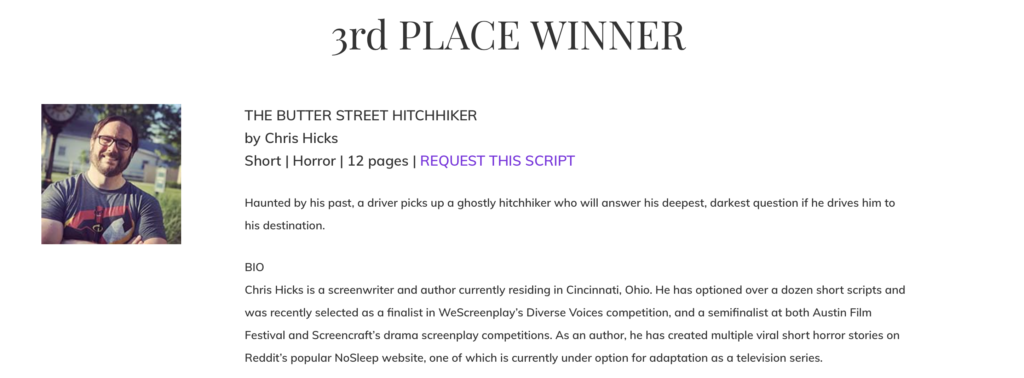 Chris Hicks' Killer Shorts Third Place Winner Page and Bio