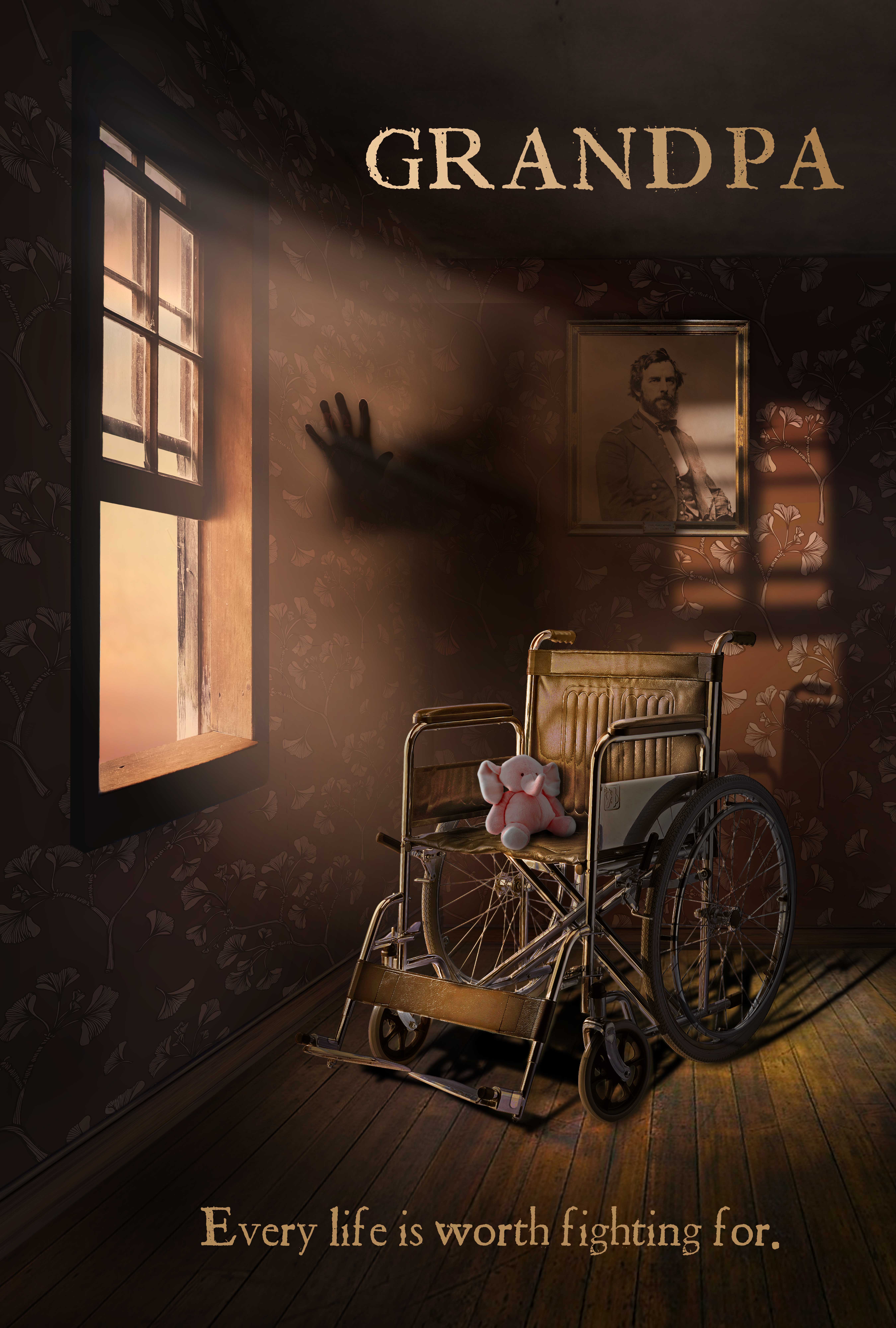 A wheelchair in a shadowy room holds a pink stuffed animal, as a ghostly hand reaches out from the walls.